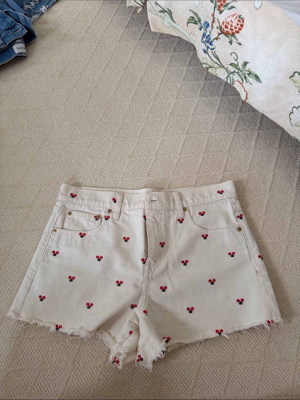 J. Crew White Denim Shorts with Red Cherry Embroidery
